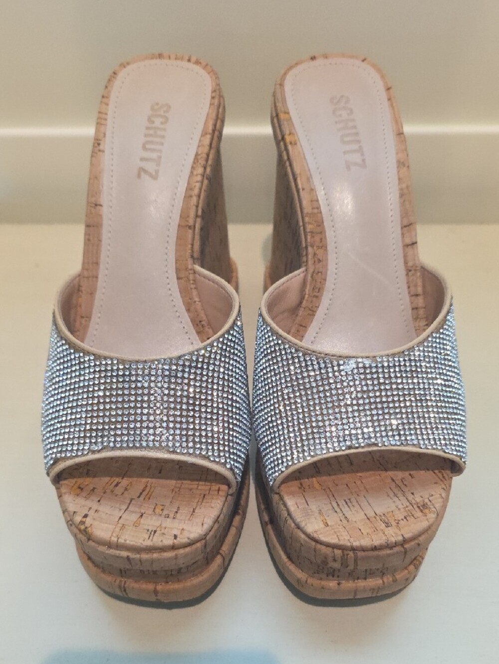 New With Flaws SCHUTZ Silver Rhinestone Cork Platform Slide Sandals - Picture 2 of 10